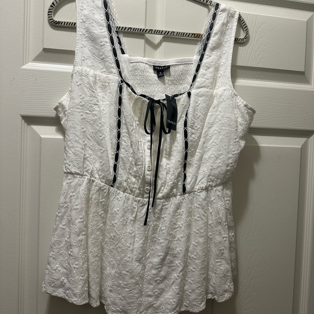 Torrid White Eyelet Blouse with Black Ribbon